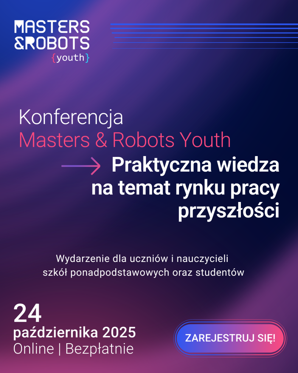 Plakat promujący Konferencję Masters & Robots Youth dla młodzieży na temat rynku pracy przyszłości.